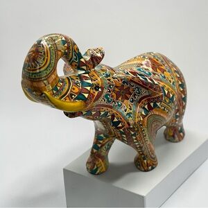 Deco 79 Elephant Figurine Polystone Boho Tribal Decor Multicolor 8” Trunk Up